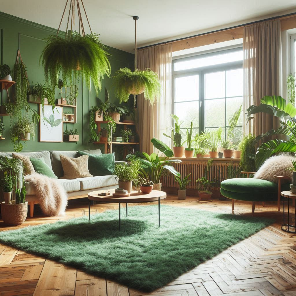 A cozy and well-lit living room with a green color scheme. The room features a variety of potted plants hanging and placed around, adding to the natural and fresh ambiance. There is a plush green sofa with fluffy cushions, a round coffee table in the center, an ottoman, and a large area rug that complements the wooden flooring. The walls are painted green, and sheer curtains allow natural light to enter through the large window. This image beautifully captures the essence of green interior design—a harmonious blend of nature, comfort, and style.