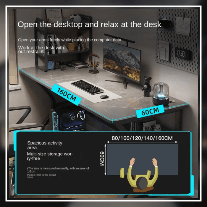 A modern gaming desk setup featuring a sleek, gray desk with a curved black frame. The desk holds a monitor displaying a mountain landscape, a keyboard, a mouse, and various accessories. A gaming PC with blue LED lights is positioned underneath. The wall has a pegboard with a digital clock and other items.