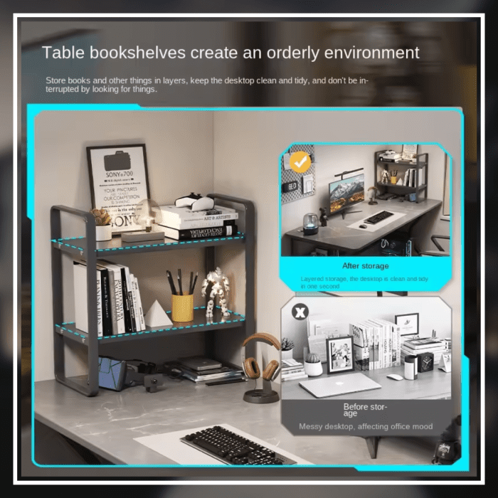 A modern gaming desk setup featuring a sleek, gray desk with a curved black frame. The desk holds a monitor displaying a mountain landscape, a keyboard, a mouse, and various accessories. A gaming PC with blue LED lights is positioned underneath. The wall has a pegboard with a digital clock and other items.