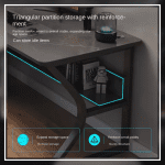 This image showcases the Titan gaming desk, available on the Modern Miracles website. The desk features a contemporary design with a gray surface and a stylish black frame. It is equipped with a monitor displaying a scenic mountain view, a keyboard, a mouse, and various gaming accessories. A gaming PC with blue LED lights is placed underneath the desk. The wall behind the desk has a pegboard with a digital clock and other items, adding to the organized and modern aesthetic of the setup.