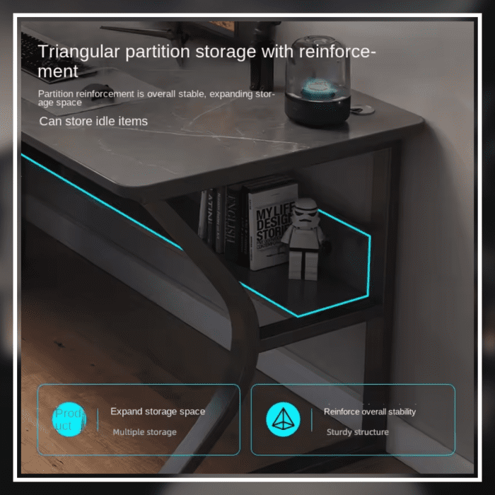 This image showcases the Titan gaming desk, available on the Modern Miracles website. The desk features a contemporary design with a gray surface and a stylish black frame. It is equipped with a monitor displaying a scenic mountain view, a keyboard, a mouse, and various gaming accessories. A gaming PC with blue LED lights is placed underneath the desk. The wall behind the desk has a pegboard with a digital clock and other items, adding to the organized and modern aesthetic of the setup.