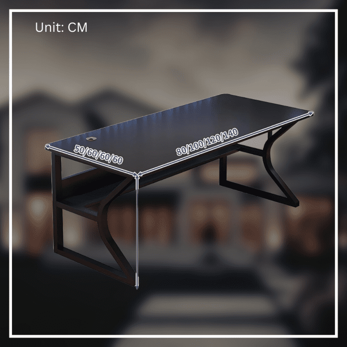 A modern gaming desk setup featuring a sleek, gray desk with a curved black frame. The desk holds a monitor displaying a mountain landscape, a keyboard, a mouse, and various accessories. A gaming PC with blue LED lights is positioned underneath. The wall has a pegboard with a digital clock and other items.