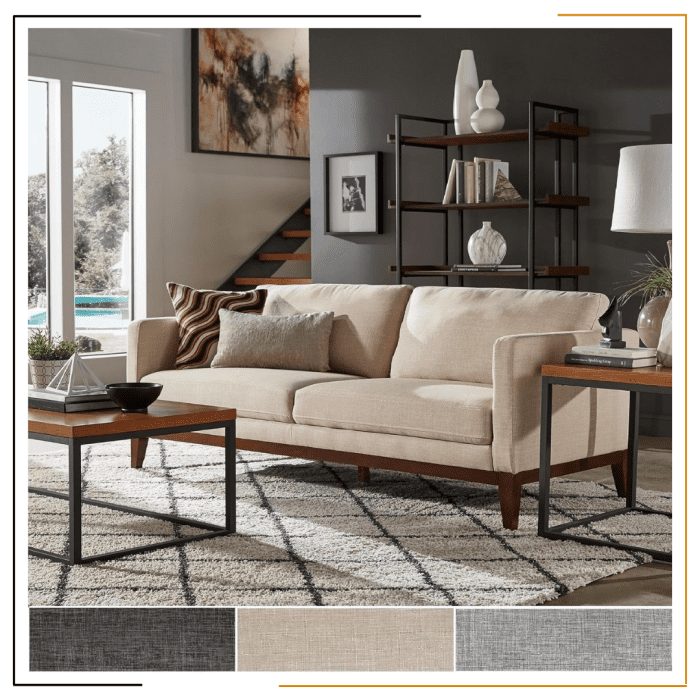 Comfort Couch by Modern Miracles Furniture Hub: Beige, grey, or dark grey linen upholstered sofa and loveseat with walnut wood finish and mid-century aesthetic, ideal for contemporary living rooms in Nepal