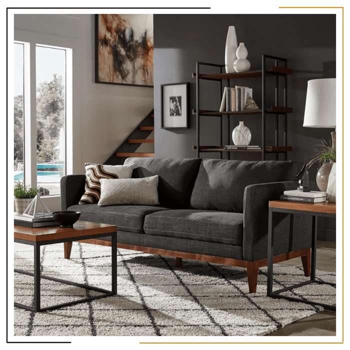 Comfort Couch by Modern Miracles Furniture Hub: Beige, grey, or dark grey linen upholstered sofa and loveseat with walnut wood finish and mid-century aesthetic, ideal for contemporary living rooms in Nepal