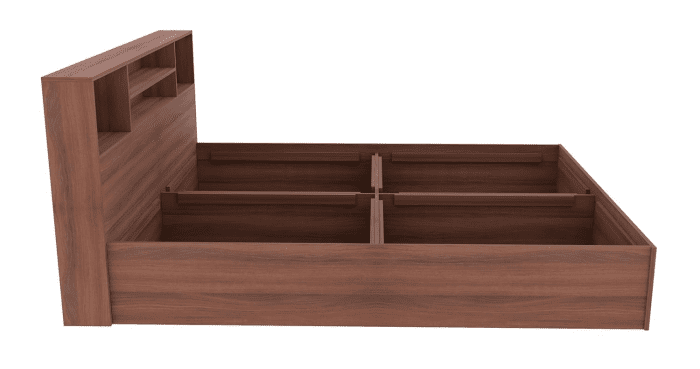 Minimalist dark wood bed frame with a clean and modern design, featuring a white mattress in a bright, elegant bedroom with floor-to-ceiling curtains and a floor lamp. Perfect for Nepalese Homes