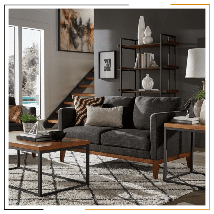 Comfort Couch by Modern Miracles Furniture Hub: Beige, grey, or dark grey linen upholstered sofa and loveseat with walnut wood finish and mid-century aesthetic, ideal for contemporary living rooms in Nepal