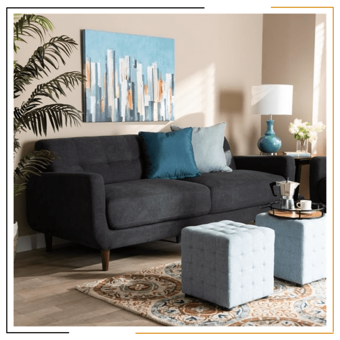 Miracles Couch by Modern Miracles Furniture Hub: Beige, grey, or dark grey linen upholstered sofa and loveseat with walnut wood finish and mid-century aesthetic, ideal for contemporary living rooms in Nepal