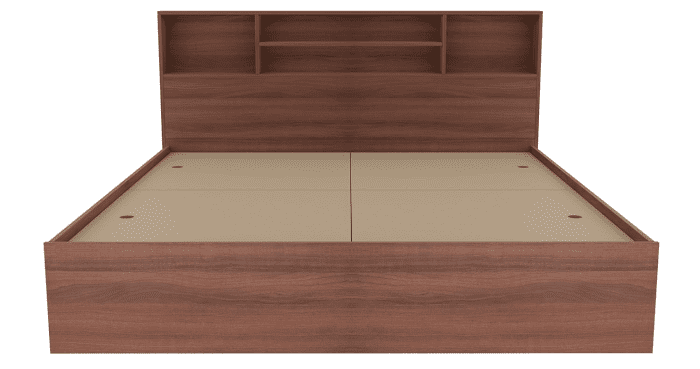 Minimalist dark wood bed frame with a clean and modern design, featuring a white mattress in a bright, elegant bedroom with floor-to-ceiling curtains and a floor lamp. Perfect for Nepalese Homes