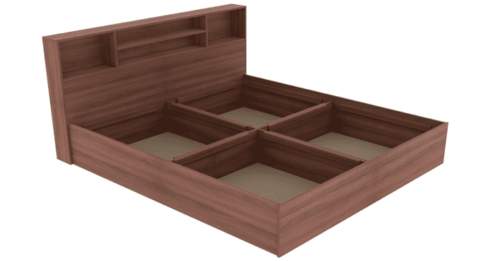 Minimalist dark wood bed frame with a clean and modern design, featuring a white mattress in a bright, elegant bedroom with floor-to-ceiling curtains and a floor lamp. Perfect for Nepalese Homes