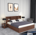 Minimalist dark wood bed frame with a clean and modern design, featuring a white mattress in a bright, elegant bedroom with floor-to-ceiling curtains and a floor lamp. Perfect for Nepalese Homes