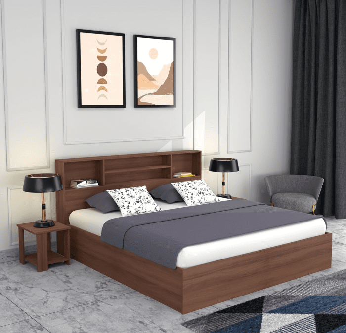 Minimalist dark wood bed frame with a clean and modern design, featuring a white mattress in a bright, elegant bedroom with floor-to-ceiling curtains and a floor lamp. Perfect for Nepalese Homes