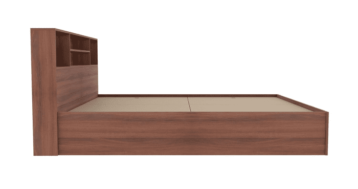 Minimalist dark wood bed frame with a clean and modern design, featuring a white mattress in a bright, elegant bedroom with floor-to-ceiling curtains and a floor lamp. Perfect for Nepalese Homes