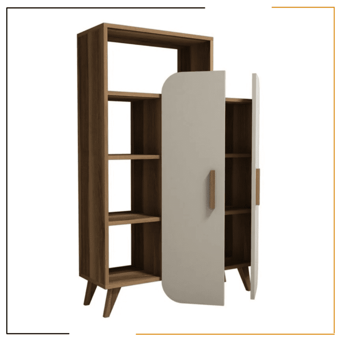 Stylish wooden storage bookcase with open shelves and closed storage compartments, perfect for books and decor.