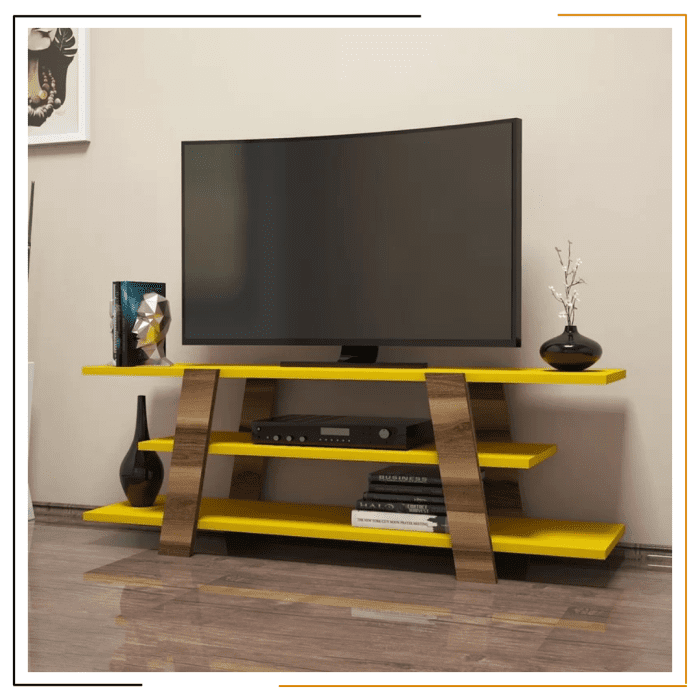 Modern Ramailo TV Stand with wall-mountable design and spacious shelves for media storage.