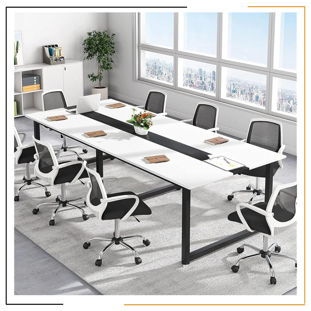 BAITHAK Meeting Table – Large Office Conference Table for 8 People in Nepal | Modern White Design BAITHAK Meeting Table for Office – 240x120 cm large conference table in white with high-grade prelam engineering wood finish, perfect for meetings and executive rooms.