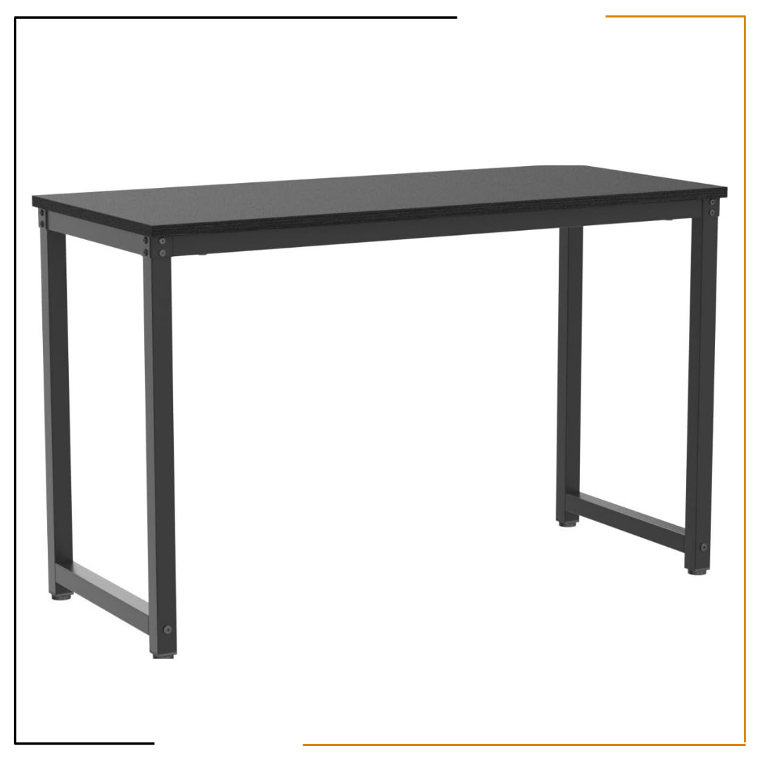 Modern Minimalist Black Desk for Home Office and Study Spaces A sleek, modern black desk set up with a laptop, notebook, coffee mug, desk lamp, wooden wall clock, and green plant, showcasing an organized and elegant workspace.