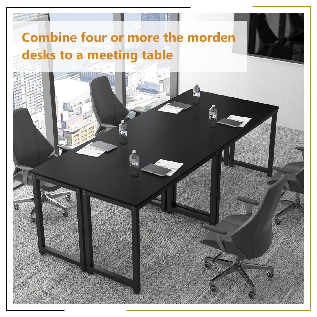 Modern Minimalist Black Desk for Home Office and Study Spaces A sleek, modern black desk set up with a laptop, notebook, coffee mug, desk lamp, wooden wall clock, and green plant, showcasing an organized and elegant workspace.