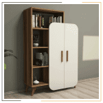 Stylish wooden storage bookcase with open shelves and closed storage compartments, perfect for books and decor.