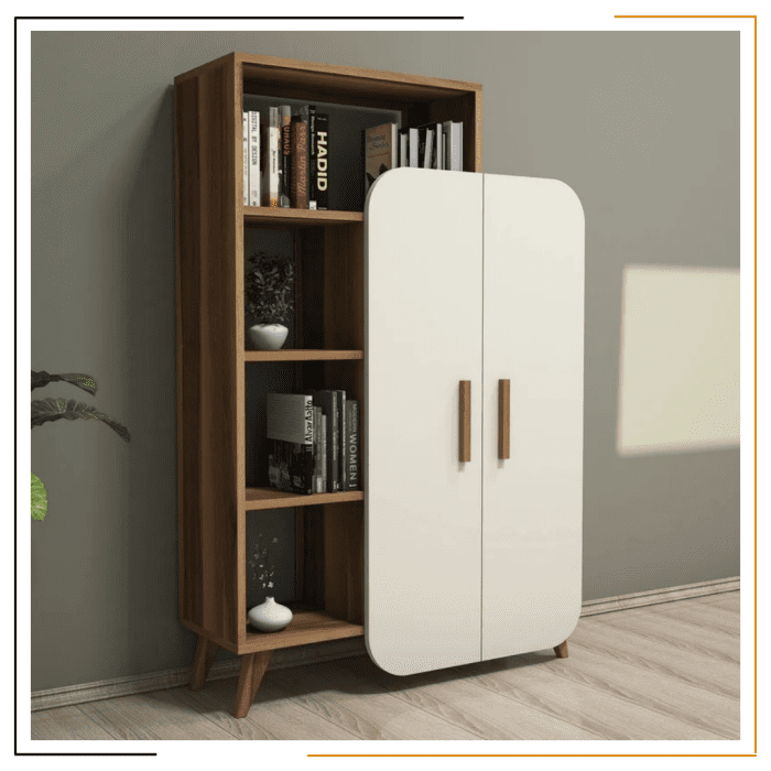 Stylish wooden storage bookcase with open shelves and closed storage compartments, perfect for books and decor.