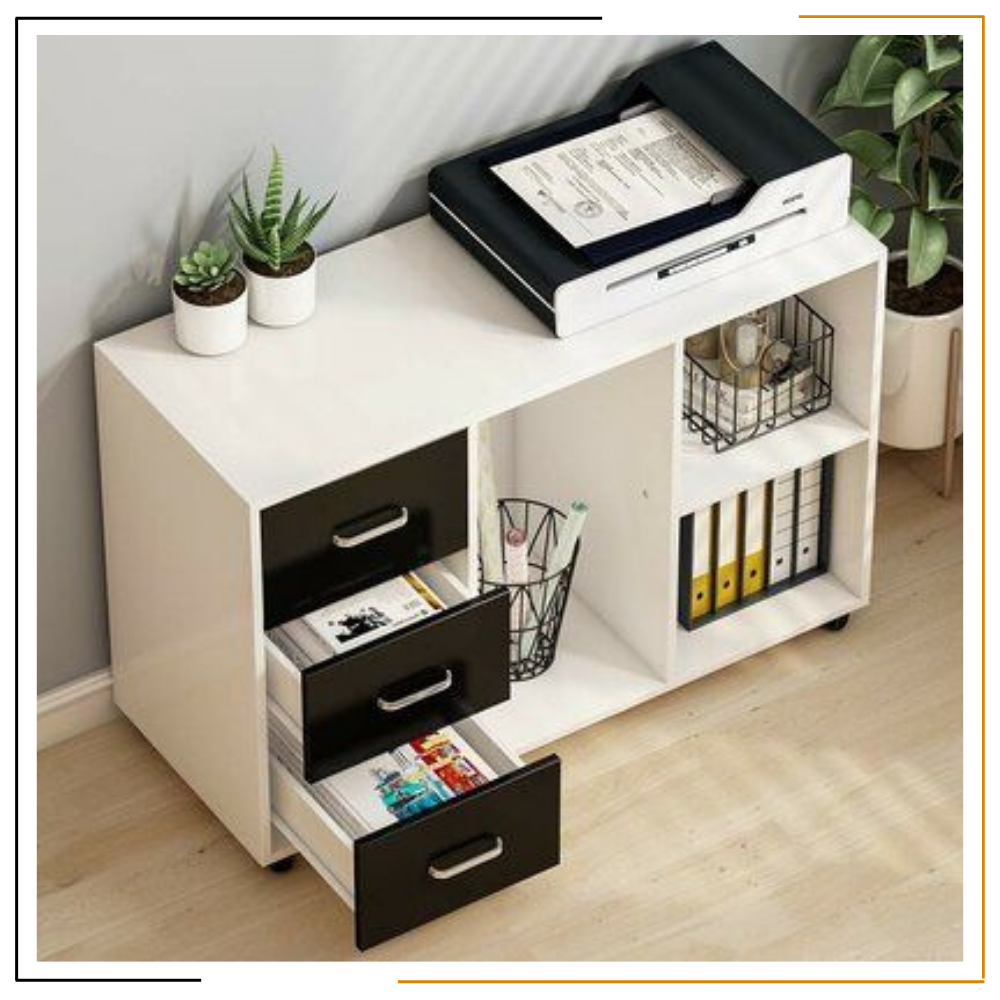 Modern Miracles' Gorkha Organizer Rack – Durable Nepal-Made Office Storage with 3 Drawers & Wheels Handmade wooden organizer rack with 3 drawers, wheels, and open shelves for printer/files – Nepal-made office storage solution.