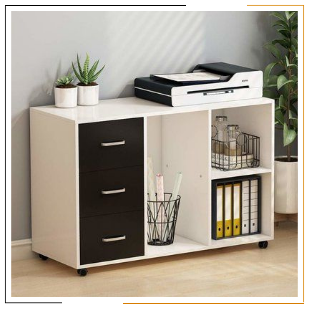 Modern Miracles' Gorkha Organizer Rack – Durable Nepal-Made Office Storage with 3 Drawers & Wheels Handmade wooden organizer rack with 3 drawers, wheels, and open shelves for printer/files – Nepal-made office storage solution.