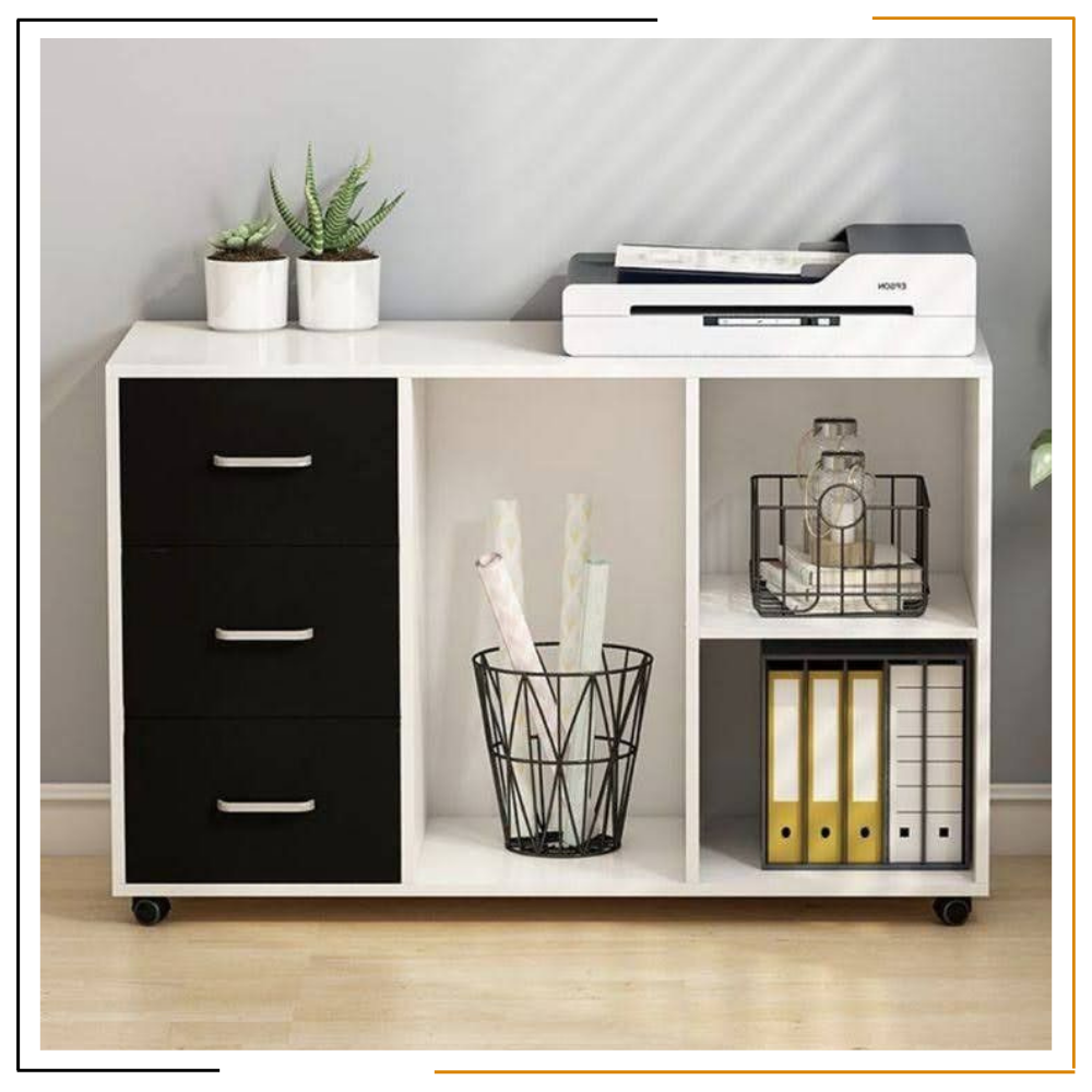 Modern Miracles' Gorkha Organizer Rack – Durable Nepal-Made Office Storage with 3 Drawers & Wheels Handmade wooden organizer rack with 3 drawers, wheels, and open shelves for printer/files – Nepal-made office storage solution.