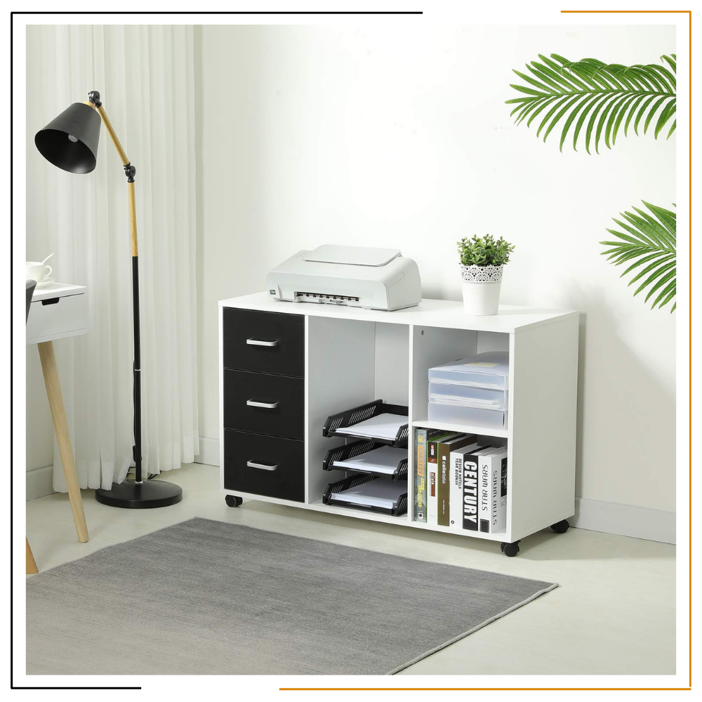 Modern Miracles' Gorkha Organizer Rack – Durable Nepal-Made Office Storage with 3 Drawers & Wheels Handmade wooden organizer rack with 3 drawers, wheels, and open shelves for printer/files – Nepal-made office storage solution.