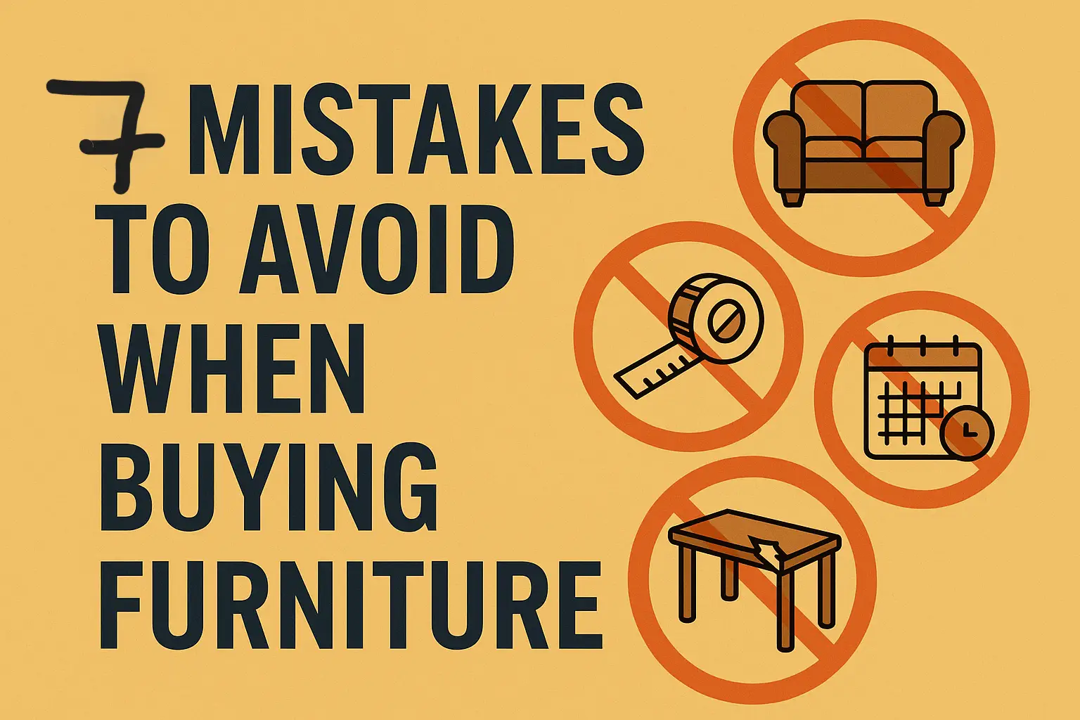 Graphic titled "7 Mistakes to Avoid When Buying Furniture" featuring icons of a sofa, measuring tape, calendar, and broken table crossed out in warning signs.